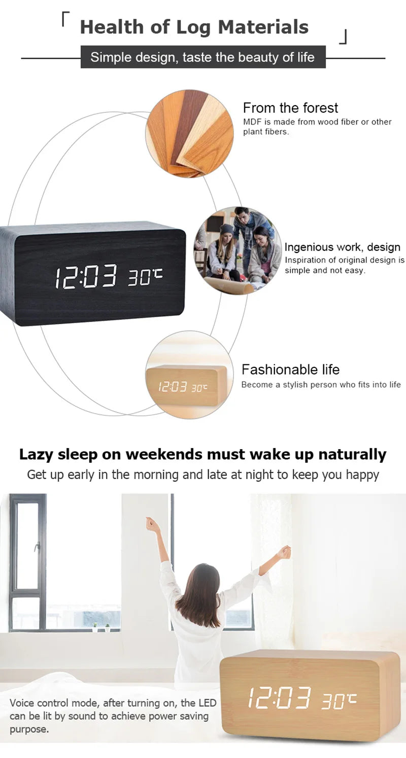 Digital LED Wooden Alarm Clock with Temperature Display