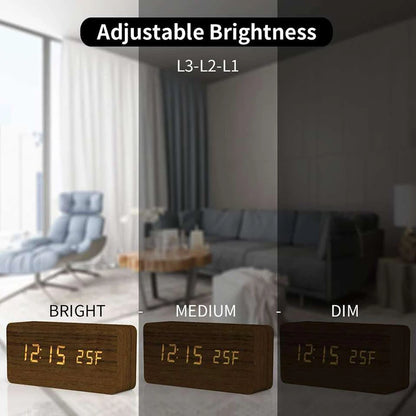 Digital LED Wooden Alarm Clock with Temperature Display