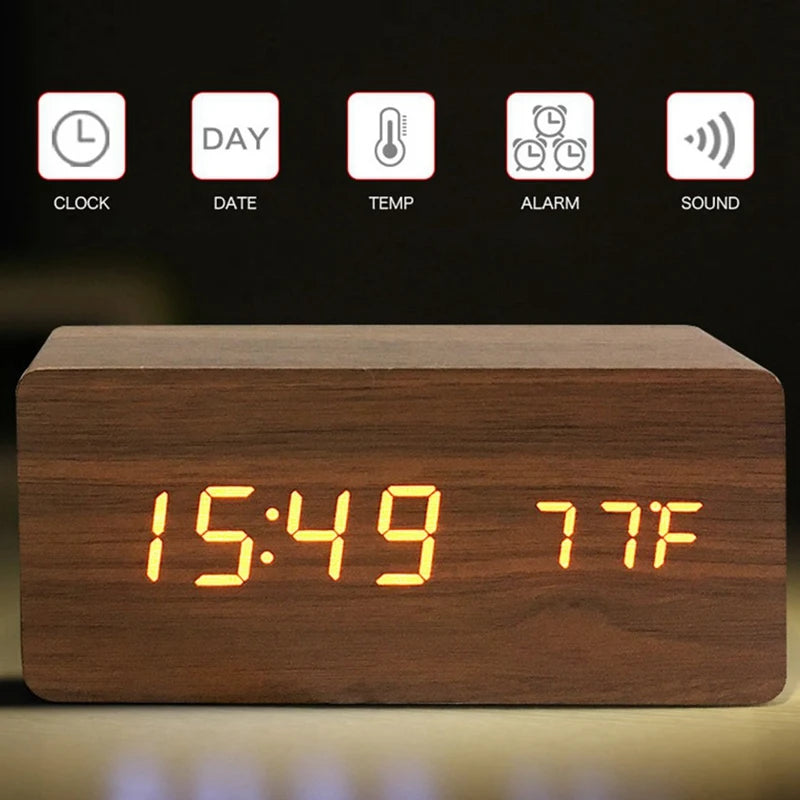 Digital LED Wooden Alarm Clock with Temperature Display