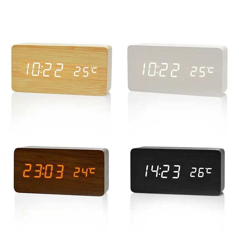 Digital LED Wooden Alarm Clock with Temperature Display