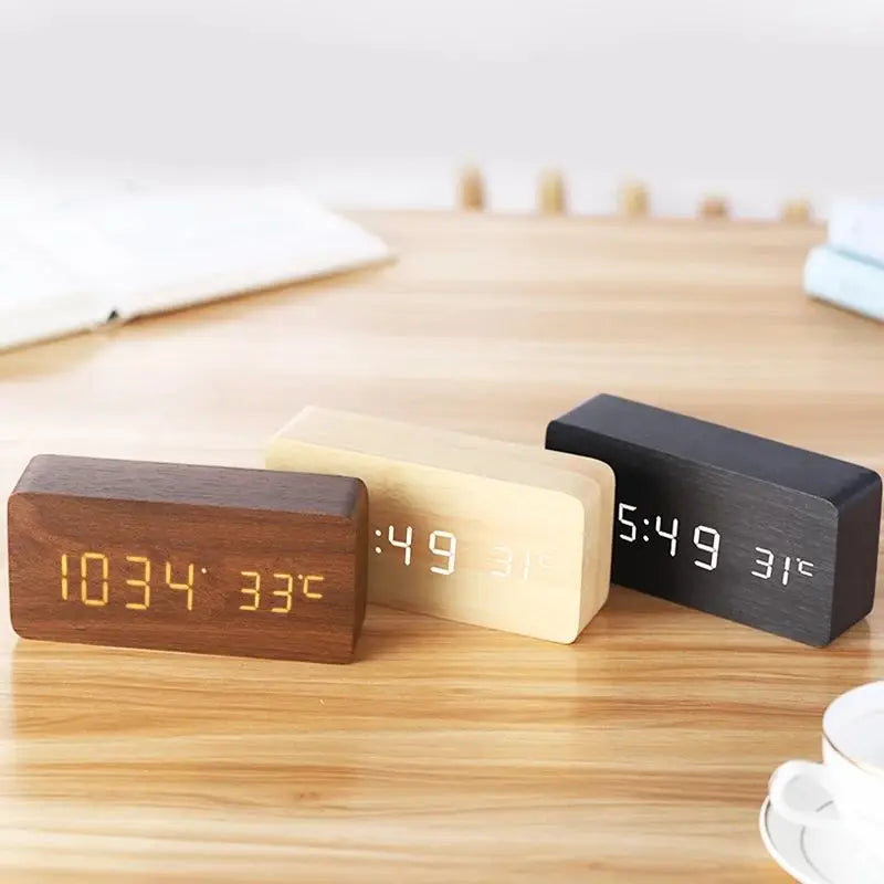 Digital LED Wooden Alarm Clock with Temperature Display