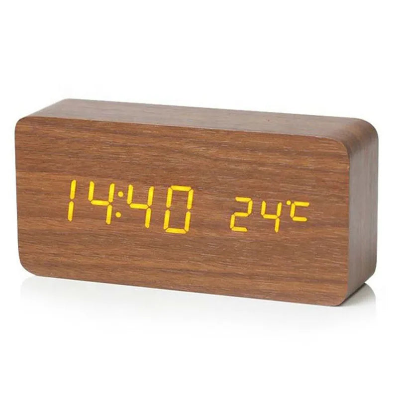 Digital LED Wooden Alarm Clock with Temperature Display