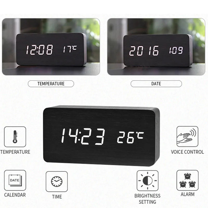 Digital LED Wooden Alarm Clock with Temperature Display