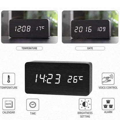 Digital LED Wooden Alarm Clock with Temperature Display