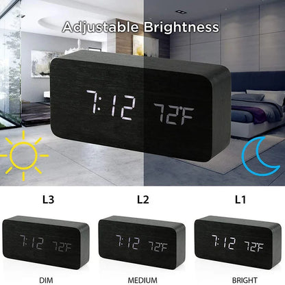 Digital LED Wooden Alarm Clock with Temperature Display