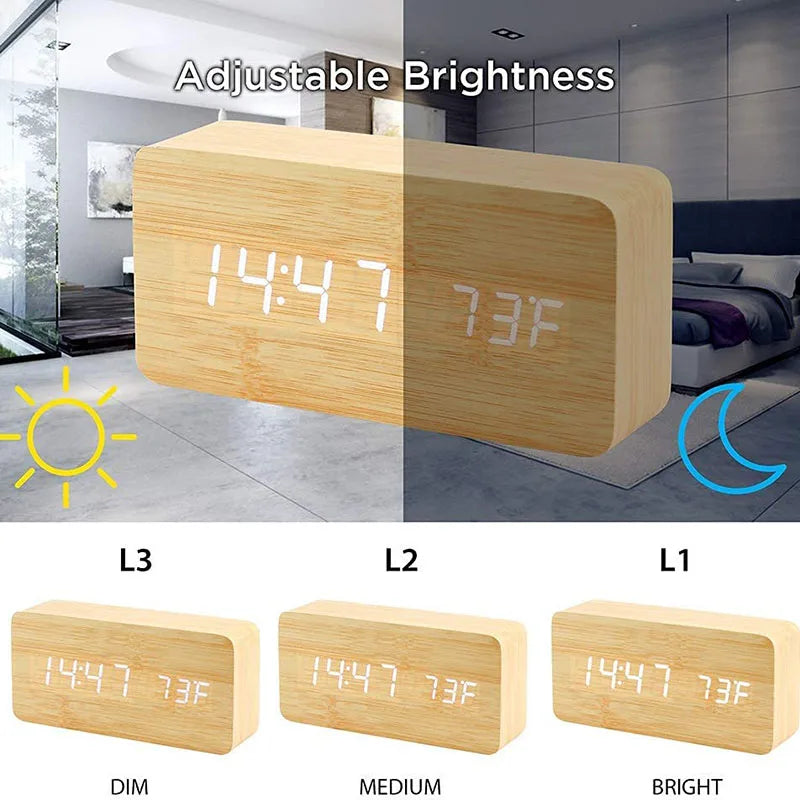 Digital LED Wooden Alarm Clock with Temperature Display