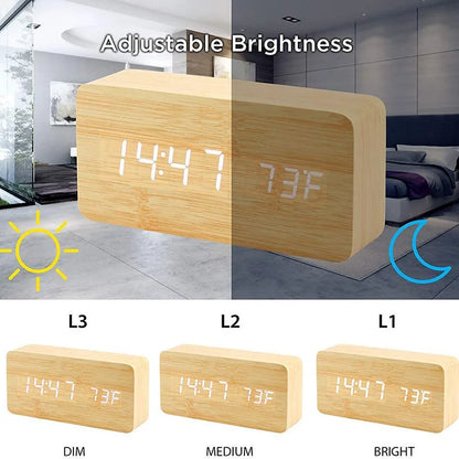 Digital LED Wooden Alarm Clock with Temperature Display