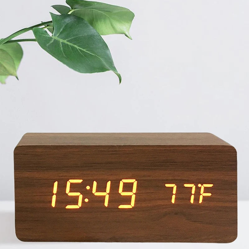 Digital LED Wooden Alarm Clock with Temperature Display