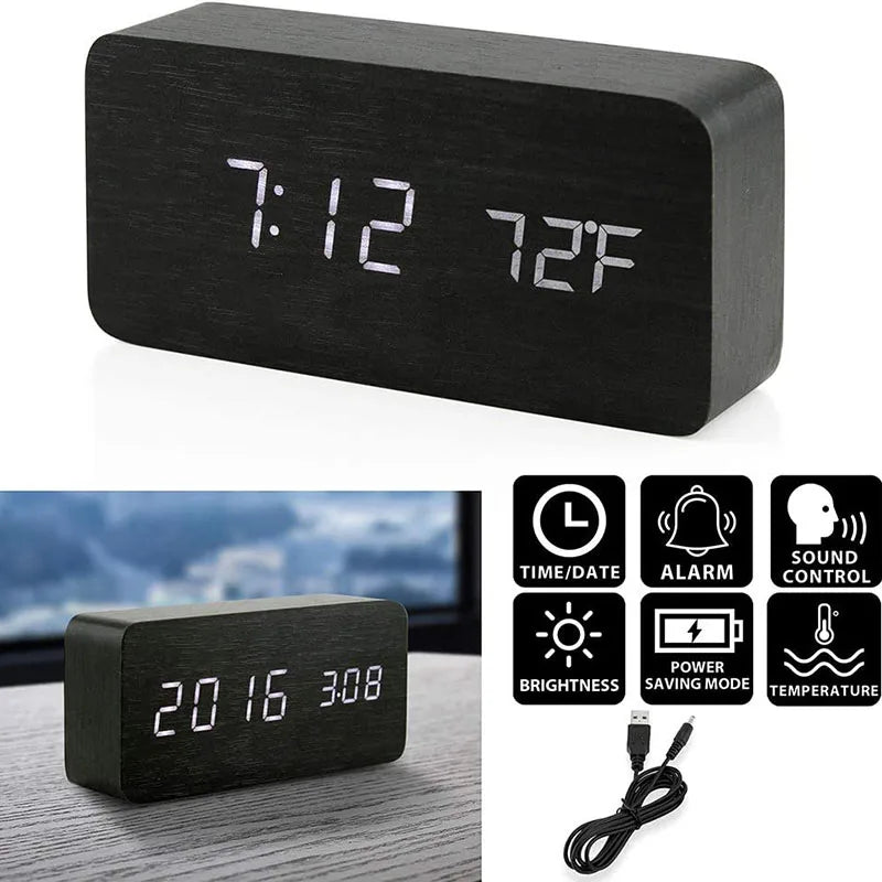 Digital LED Wooden Alarm Clock with Temperature Display