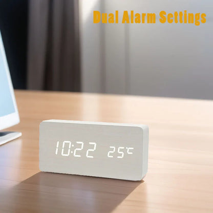 Digital LED Wooden Alarm Clock with Temperature Display