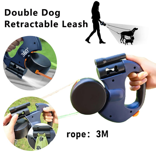 3m Retractable Dual Dog Leash with Lights