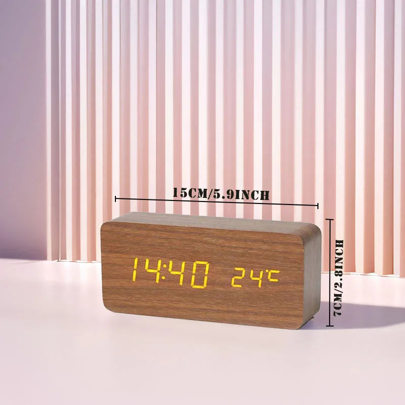 Digital LED Wooden Alarm Clock with Temperature Display