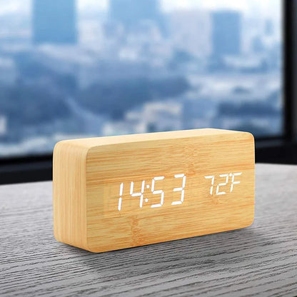 Digital LED Wooden Alarm Clock with Temperature Display