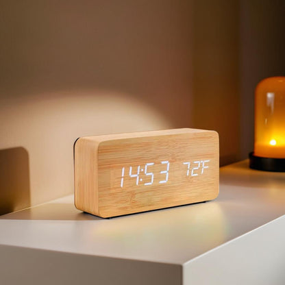 Digital LED Wooden Alarm Clock with Temperature Display